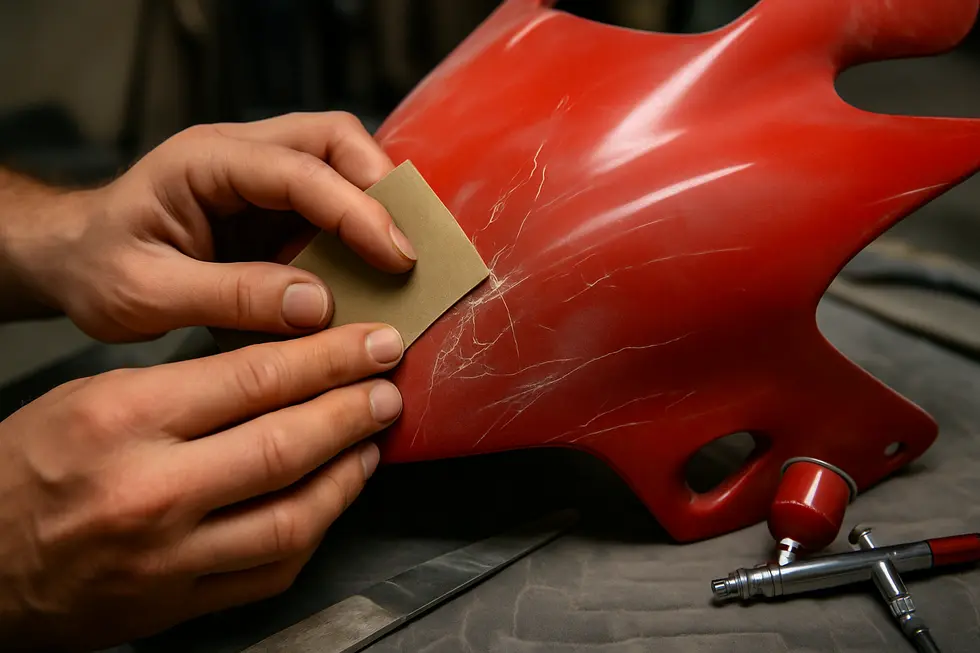 Fine sanding and airbrushing steps restoring paint cracks and scratches in motorcycle fairings.