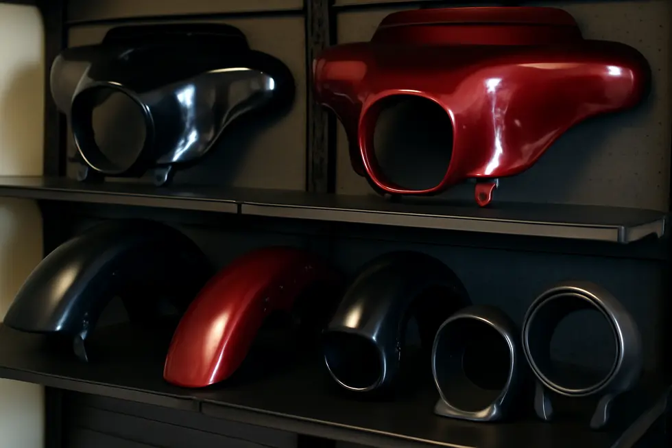 A vivid display of motorcycle fairing options showcasing variety in brands, full kits, and individual panels available for business buyers.