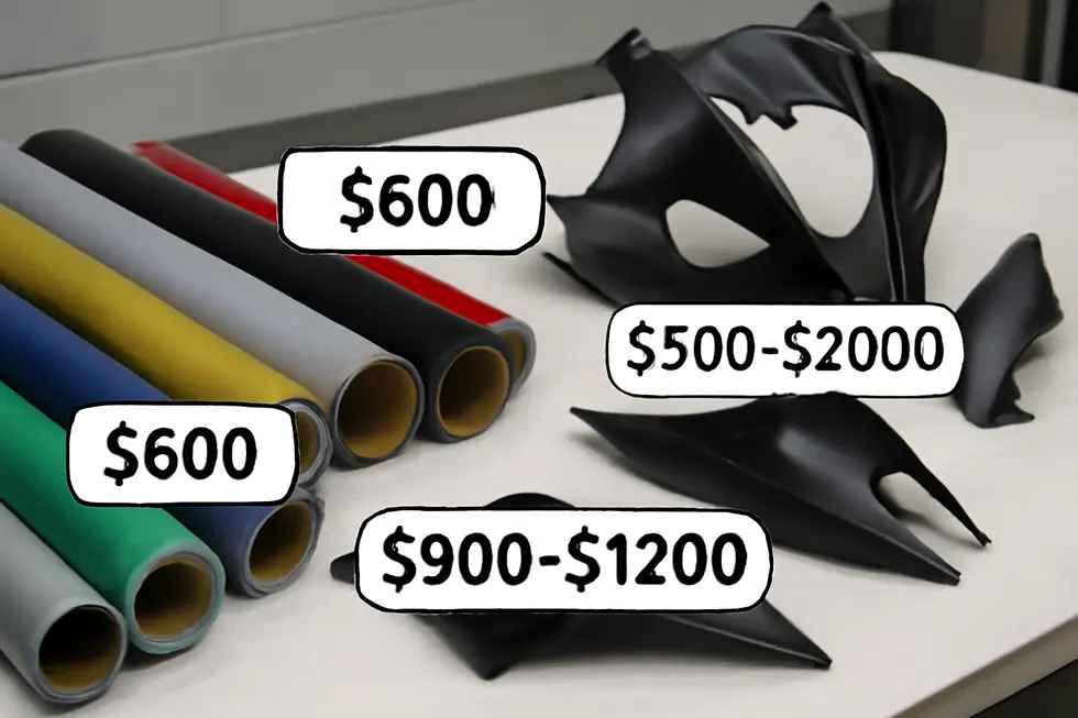 Detailed breakdown of vinyl wrap materials and pricing components for motorcycle fairing wraps.