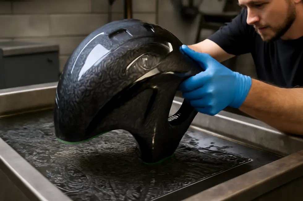 A technician carefully dipping a motorcycle fairing into a water tank to apply a detailed hydrographic pattern, demonstrating the customization process.