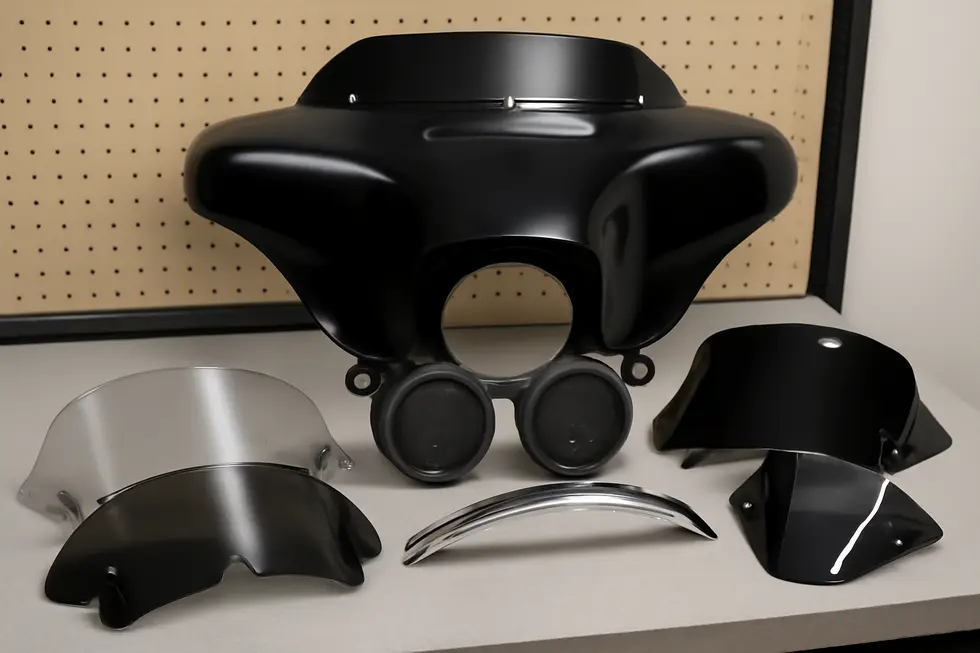 Detachable motorcycle fairings designed for compatibility with Harley-Davidson models emphasizing adjustable mounts and customizable shields.