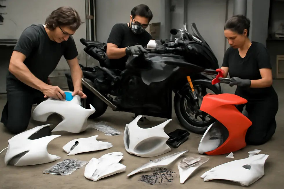 Detailed view of hand-laid fiberglass motorcycle fairings illustrating their raw texture and preparation stages.