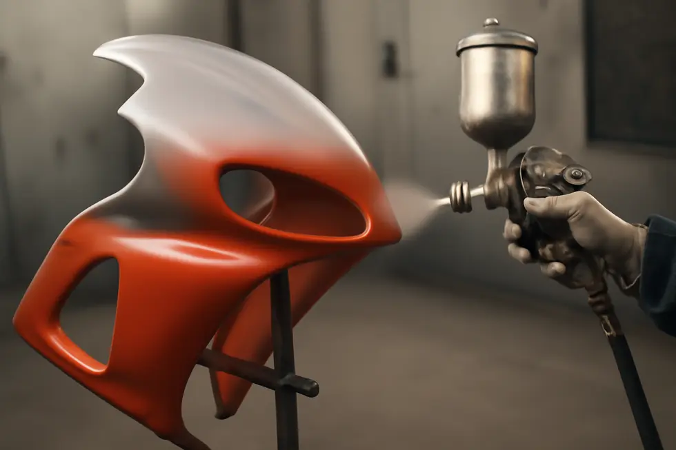Technician carefully cleaning and sanding a motorcycle fairing, preparing the surface for an even paint application.