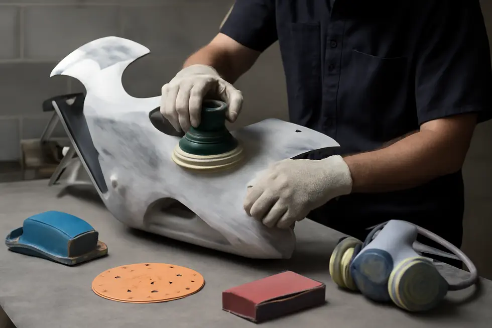 Technician thoroughly assessing damage on a cracked fiberglass motorcycle fairing before repair.