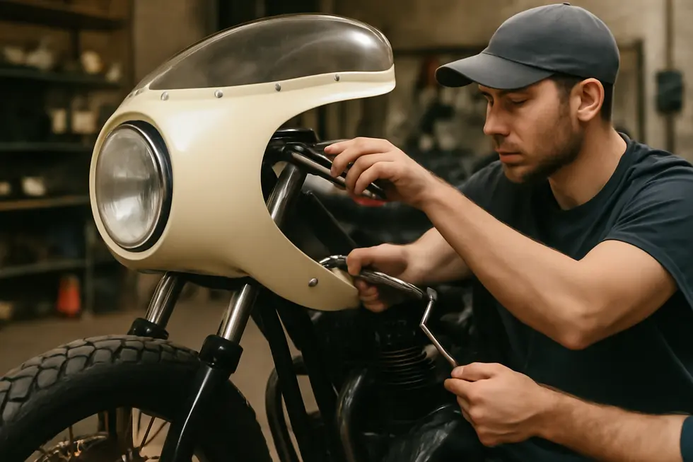 Detailed view of a black ABS plastic vintage fairing showcasing classic bullet shape and dark smoke windshield.