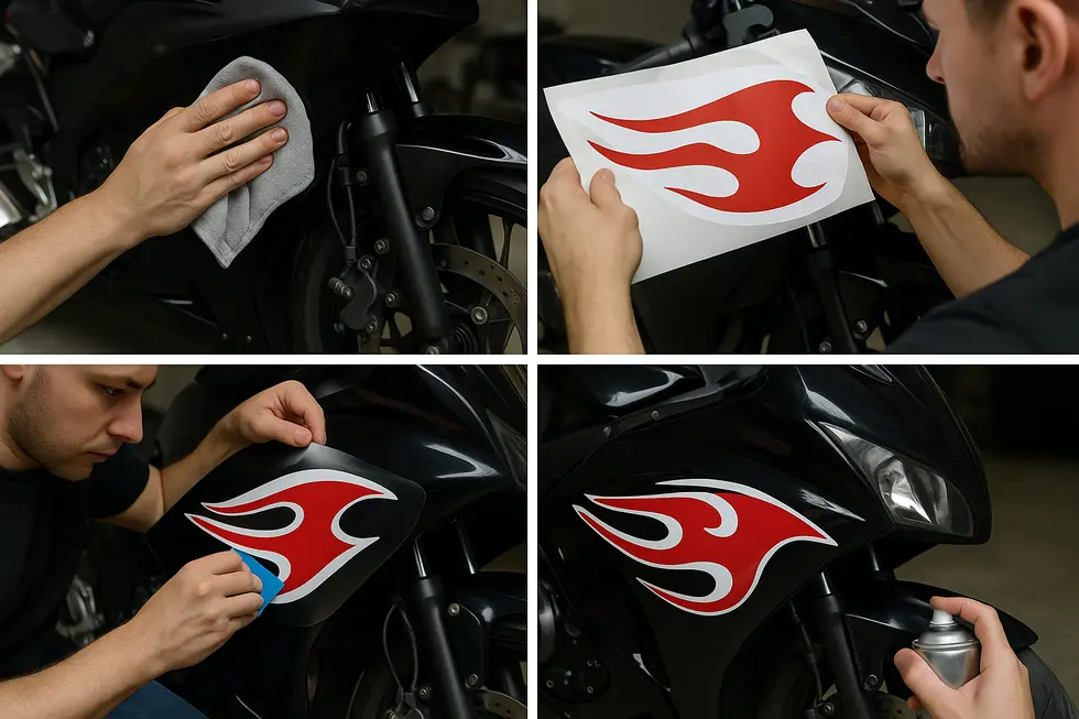 High-quality vinyl decals featuring faux carbon fiber textures on motorcycle fairings highlight material strength and durability.