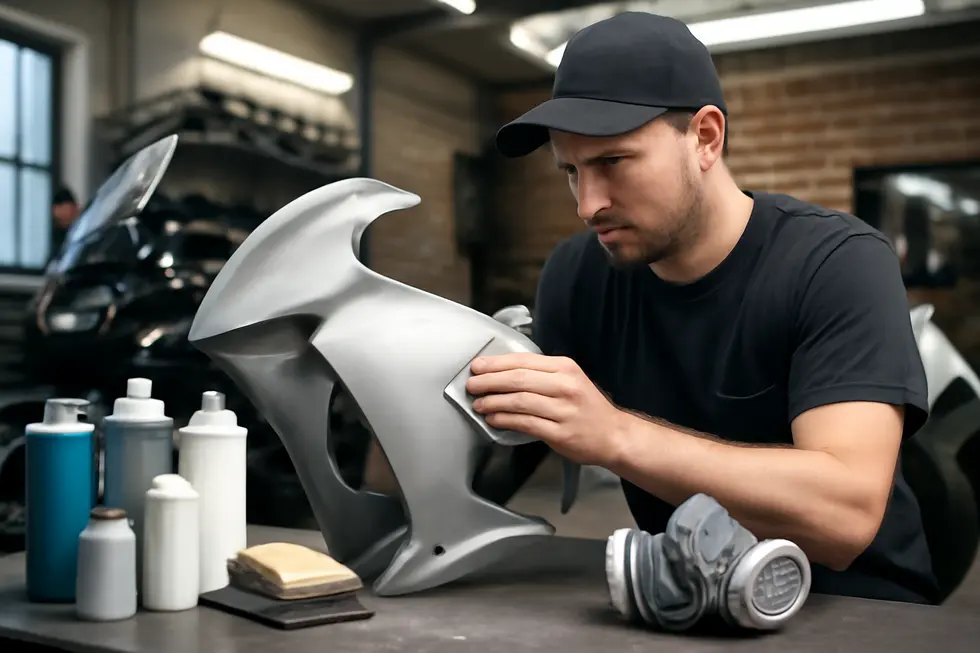 A workshop scene highlighting the preparation stage of motorcycle fairings painting, emphasizing hands-on customization opportunities for businesses.