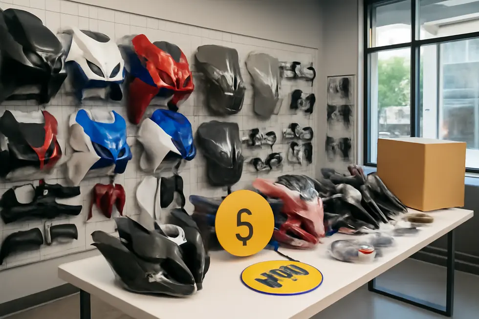Kings Motorcycle Fairings warehouse displaying extensive OEM fitment fairing kits for multiple motorcycle brands.