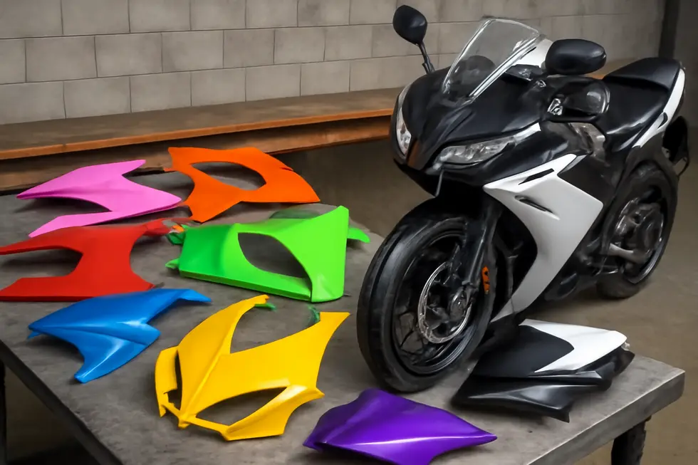A workshop displays durable ABS plastic fairings from leading budget-friendly motorcycle fairing brands.