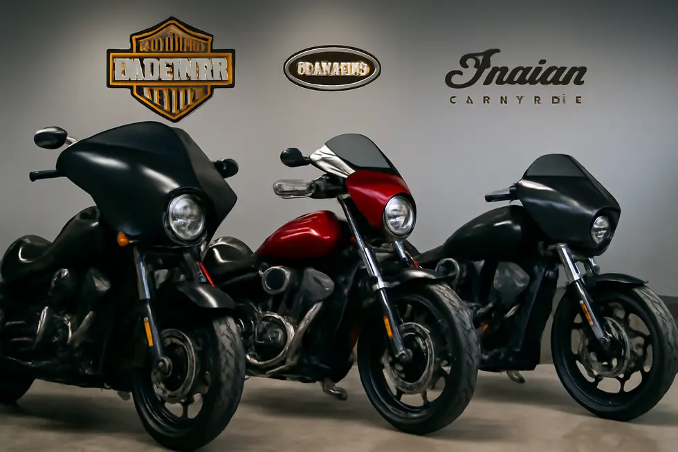 Close-up display of ABS plastic, fiberglass, and carbon fiber materials used in cruiser motorcycle fairings.