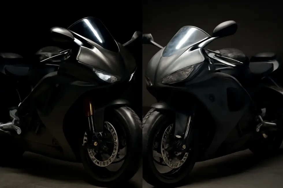 Comparing motorcycle fairings made from carbon fiber, fiberglass, and OEM-style plastics, illustrating their distinct price ranges.