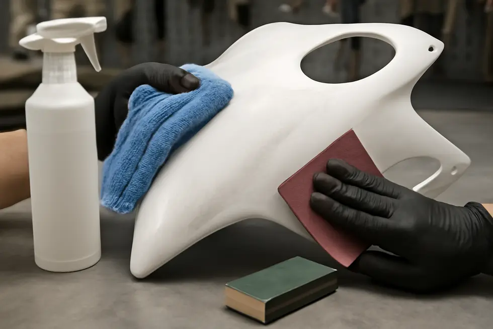 Thorough cleaning and sanding prepare motorcycle fairings for optimal paint adhesion and durability.