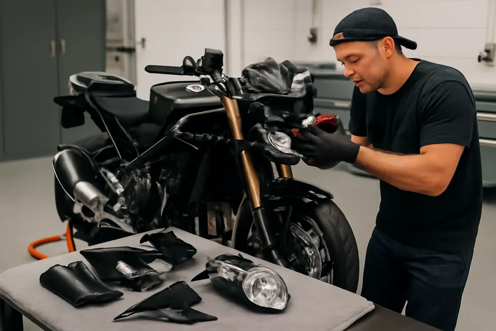 Technician carefully removing existing motorcycle fairings and components while ensuring parts remain undamaged.