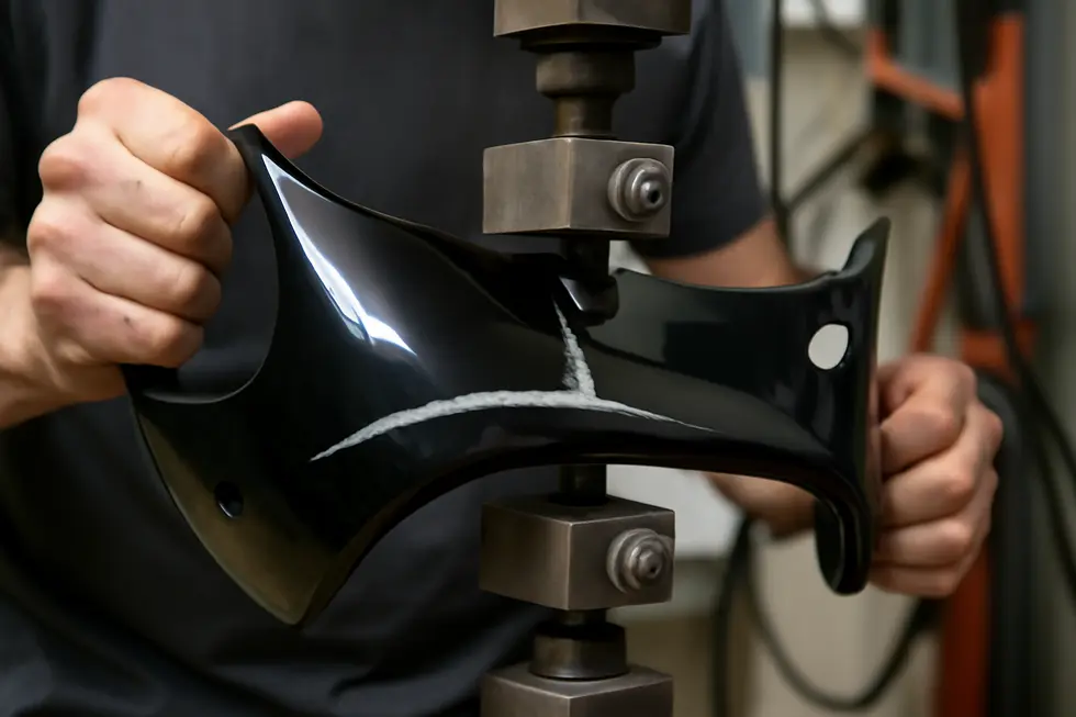 Different motorcycle fairing materials contrasted alongside epoxy adhesives suitable for each type.