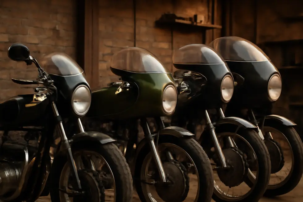 Various classic motorcycle fairing styles including bikini and bullet displayed on vintage bikes demonstrating their iconic looks and aerodynamic functions.