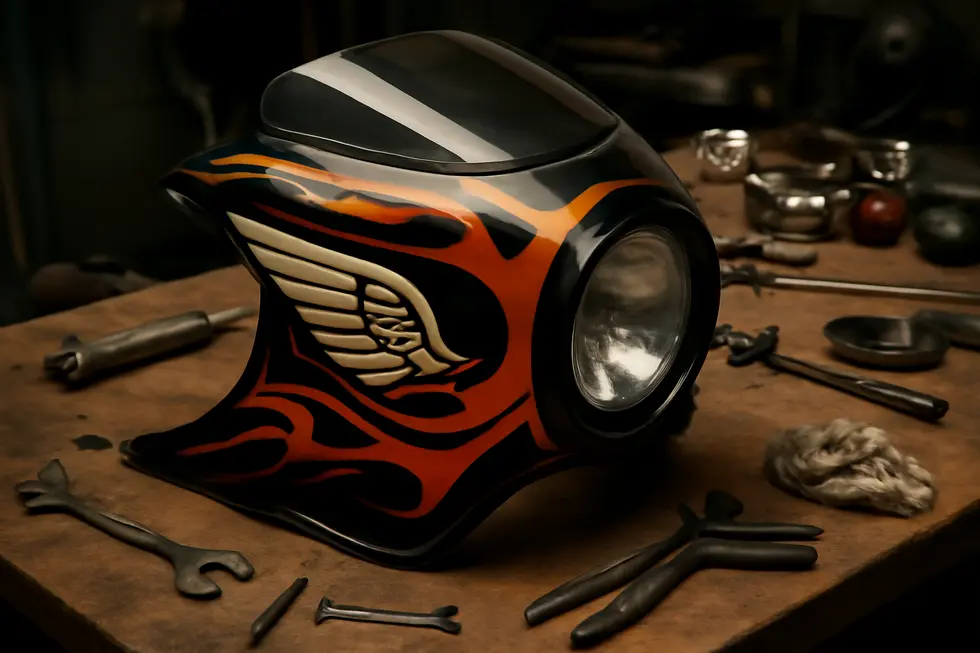 Motorcycle equipped with aerodynamic headlight fairings on a scenic road, showcasing their functional design.