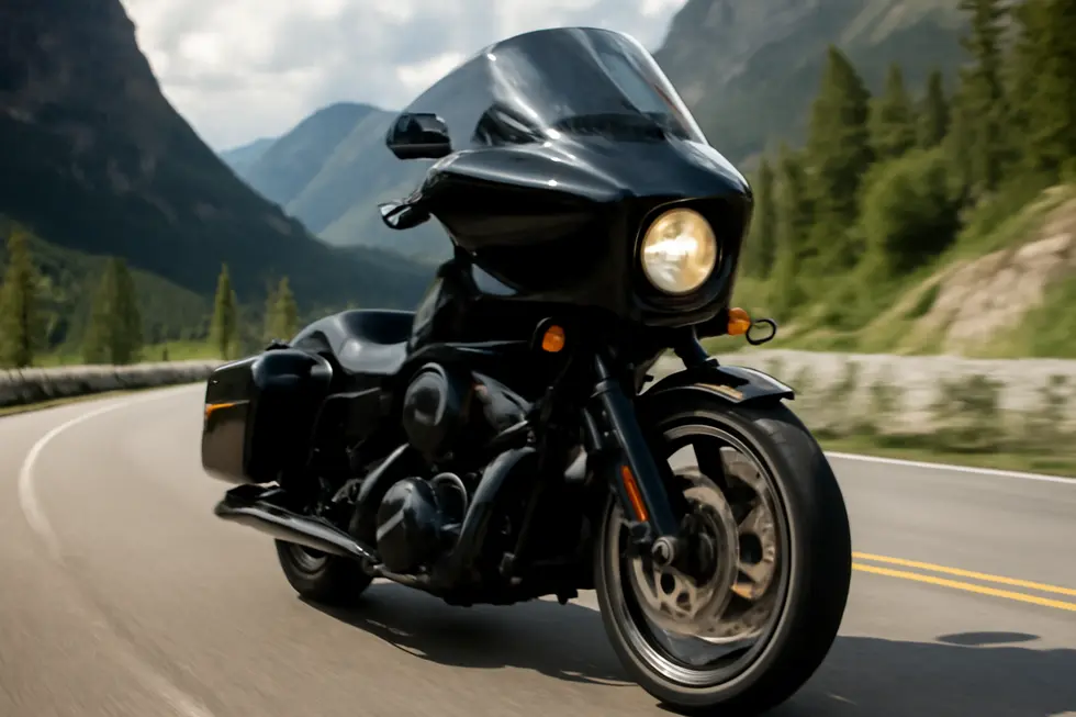 Motorcycle equipped with aerodynamic headlight fairings on a scenic road, showcasing their functional design.