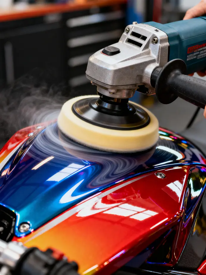 Preparing motorcycle fairings involves careful sanding to ensure optimal polish adhesion.