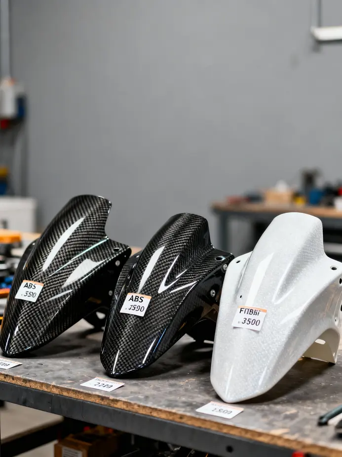 A motorcycle with carbon fiber fairings demonstrating advanced aerodynamics and weight reduction.