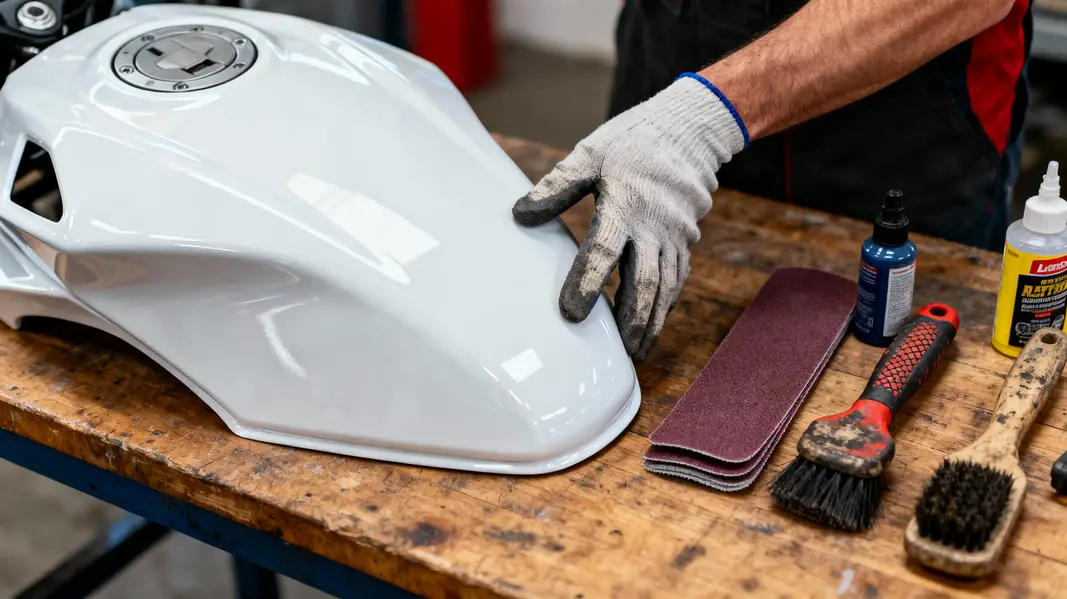 Preparing motorcycle fairings for painting: inspection and cleaning.