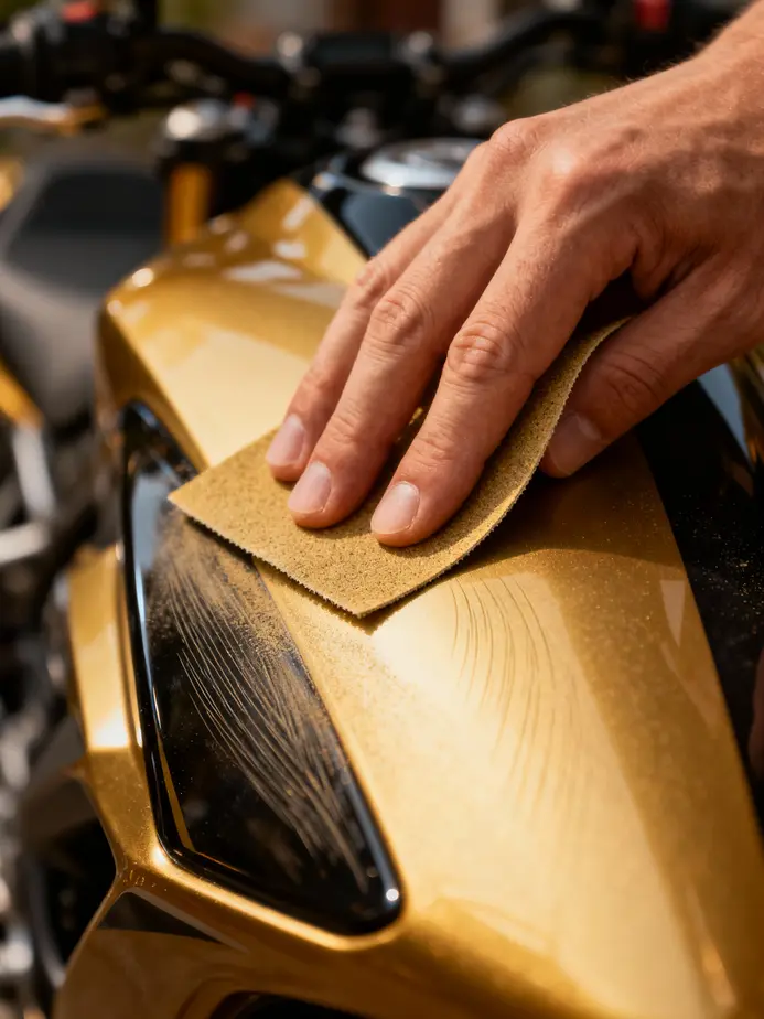 Preparing motorcycle fairings involves careful sanding to ensure optimal polish adhesion.