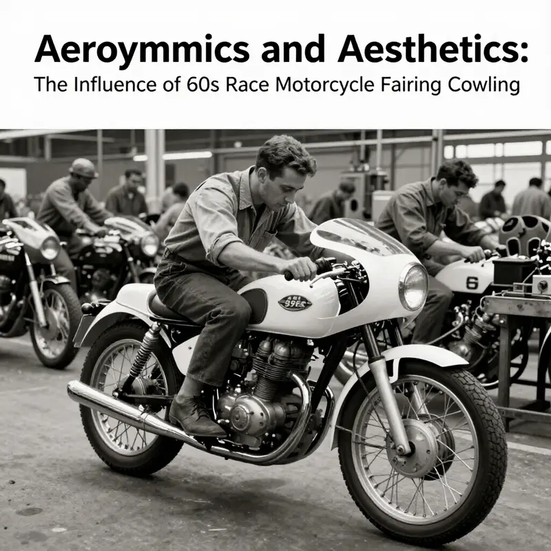 The advanced fiberglass fairing of a 1960s race motorcycle enhances aerodynamics and performance.