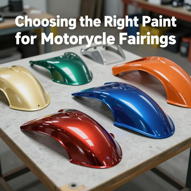 An array of freshly painted motorcycle fairings demonstrating the vibrant finishes achieved with motorcycle-specific paints.