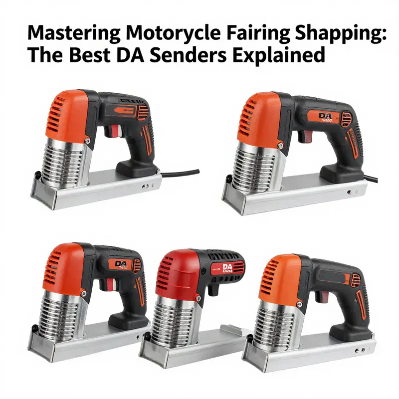Various DA sanders ready for motorcycle fairing shaping in a professional workshop.