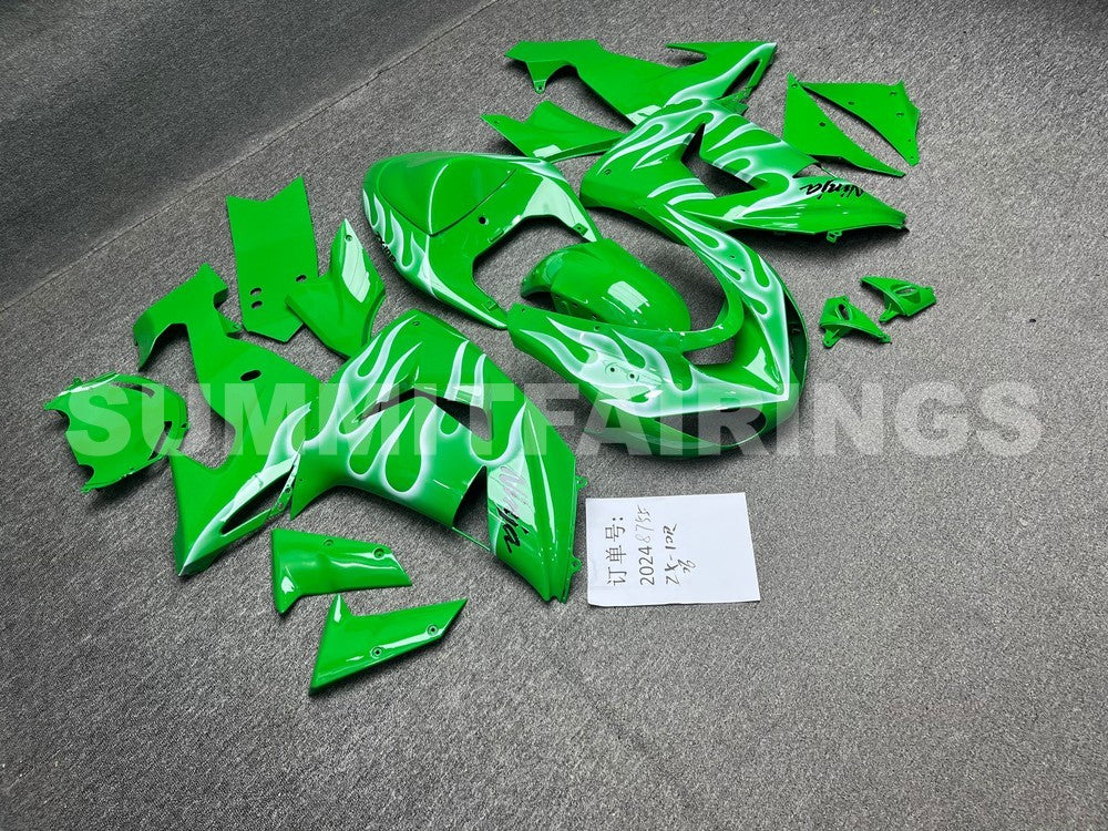 Fairings For Kawasaki ZX 10R Green & White Flame Ninja (2006-2007