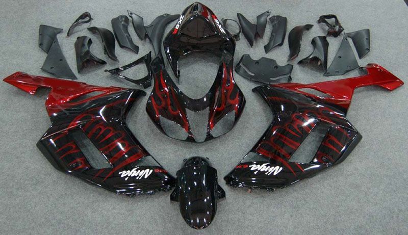 Fairings For Kawasaki ZX6R ZX636 Black & Red Flame Ninja (2007-2008)