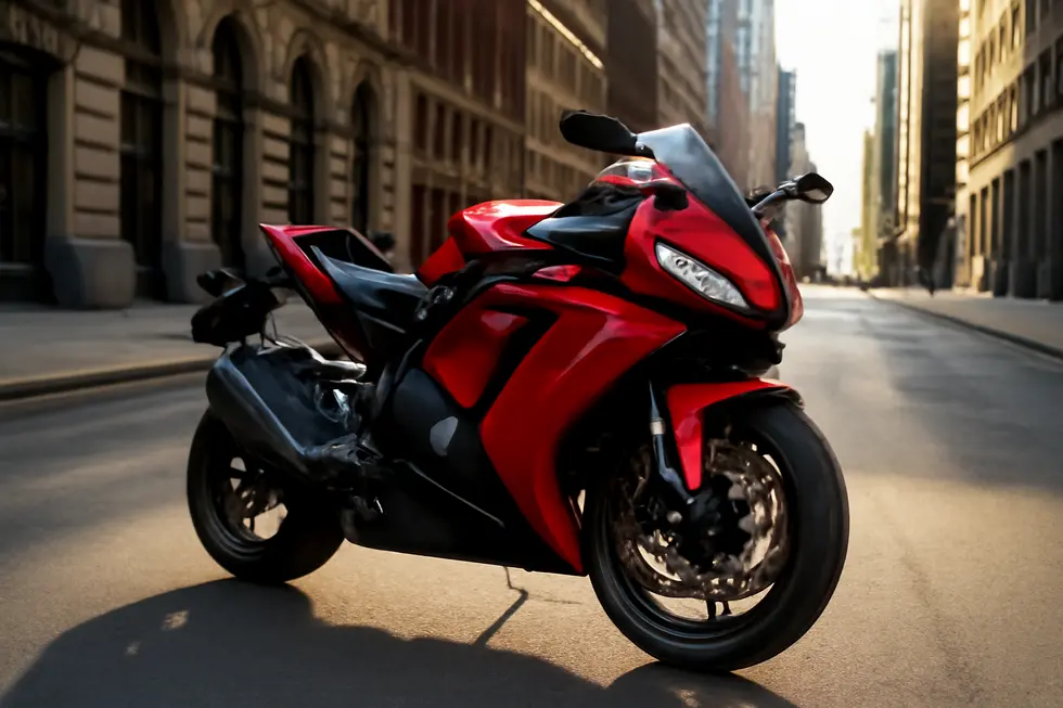 A modern sport motorcycle with glossy ABS plastic fairings reflecting cityscape details in bright daylight.