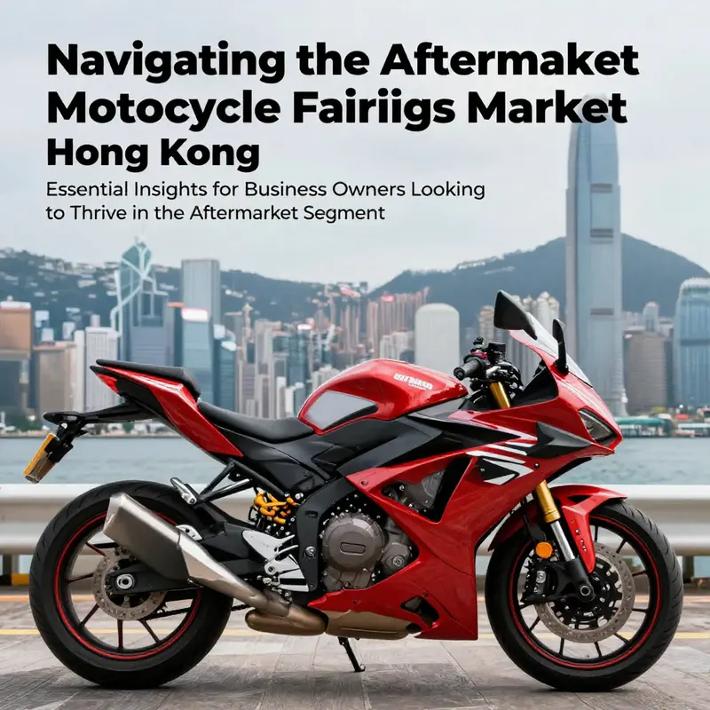 A motorcycle featuring aftermarket fairings set against the iconic skyline of Hong Kong.
