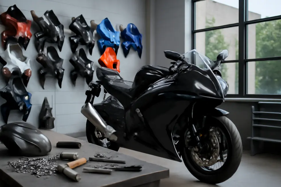 A sportbike fitted with new aftermarket motorcycle fairings displayed in a bright workshop surrounded by fairing kits and installation tools.