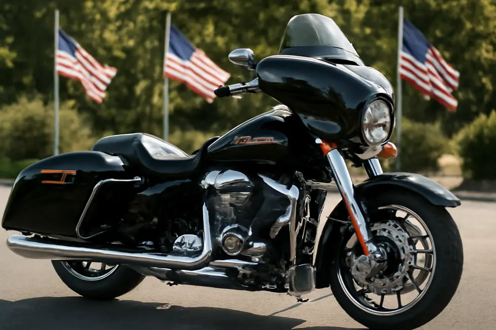 Harley-Davidson motorcycle with custom American made fairings outdoors, with U.S. flags symbolizing heritage and manufacturing pride.