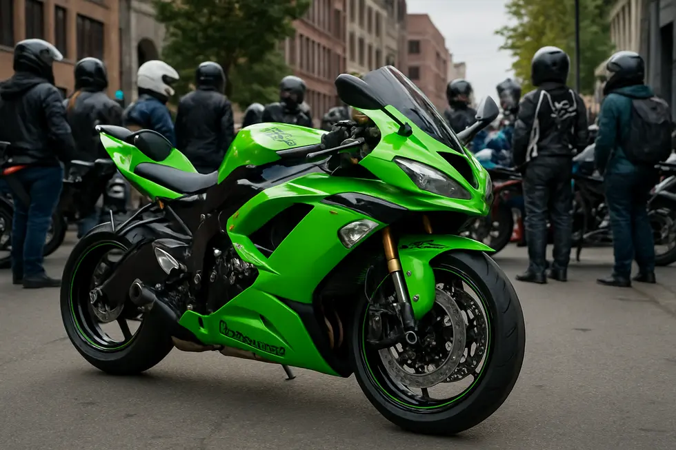 Photo-realistic view of a Kawasaki Ninja ZX-6R sportbike fitted with Auctmart fairings, highlighting affordability and community appeal.