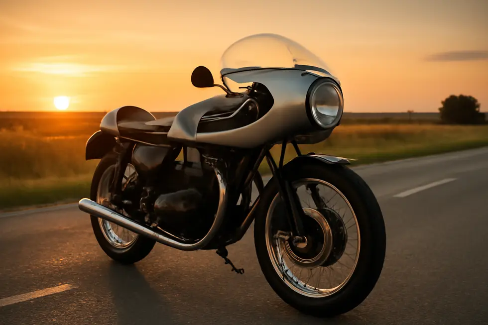 Vintage café racer motorcycle equipped with an Avon bubble-nose fairing parked on a scenic road at sunset.