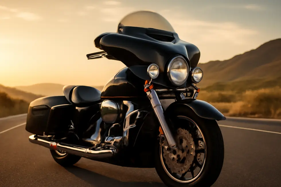Harley-Davidson motorcycle with black batwing fairing parked on highway at sunset, highlighting design and style.