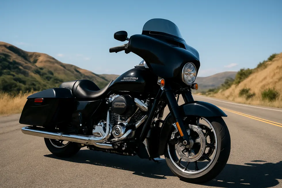 Black Harley-Davidson cruiser motorcycle equipped with a batwing fairing parked on a highway with hills and clear blue skies behind.