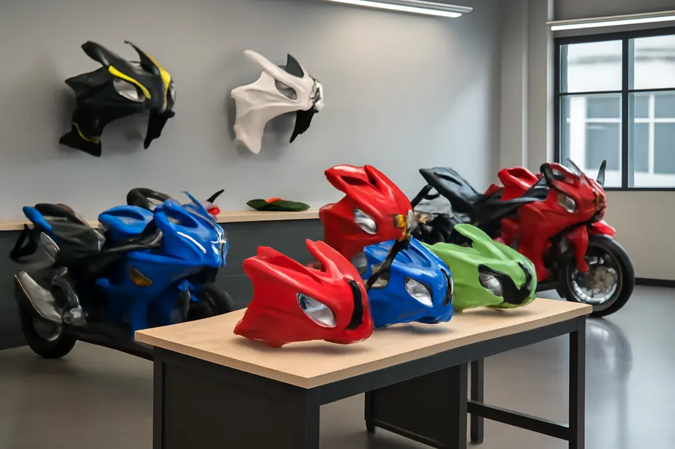 A modern showroom displaying various affordable ABS plastic motorcycle fairings from leading budget brands mounted on bikes and shelves.