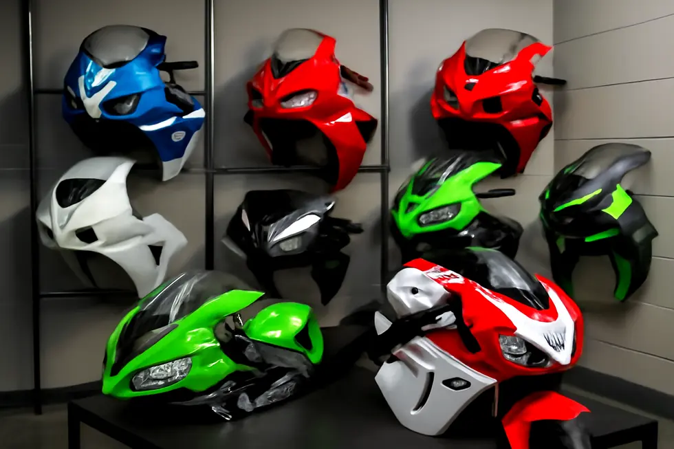 A diverse collection of motorcycle fairings from multiple major brands arranged in a showroom highlighting quality and variety.