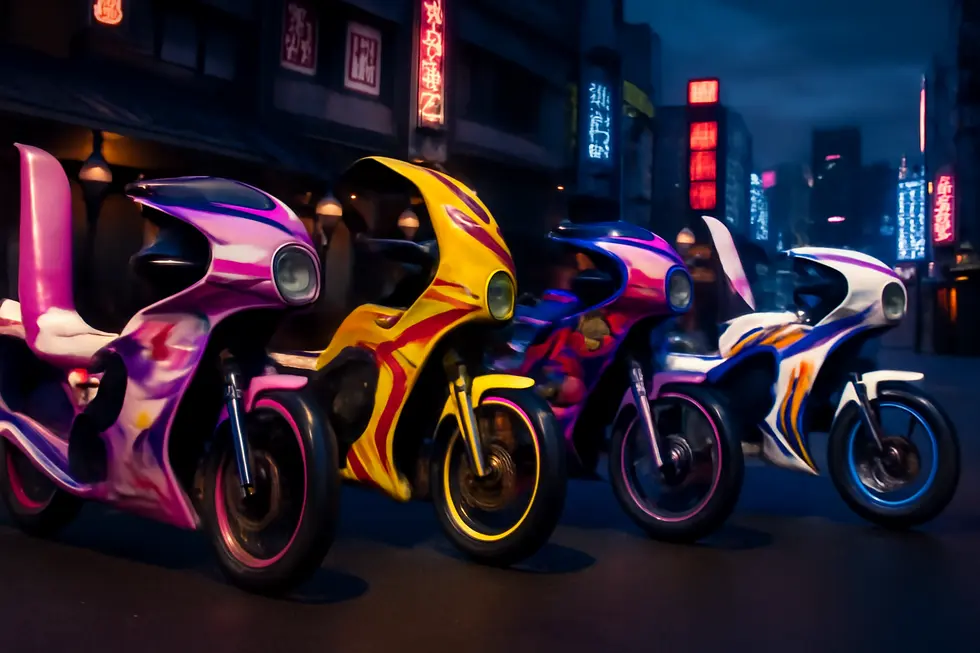 Photo-realistic image of several Bosozoku motorcycles with vivid fairings and exaggerated design parked on a neon-lit street at dusk in Japan.
