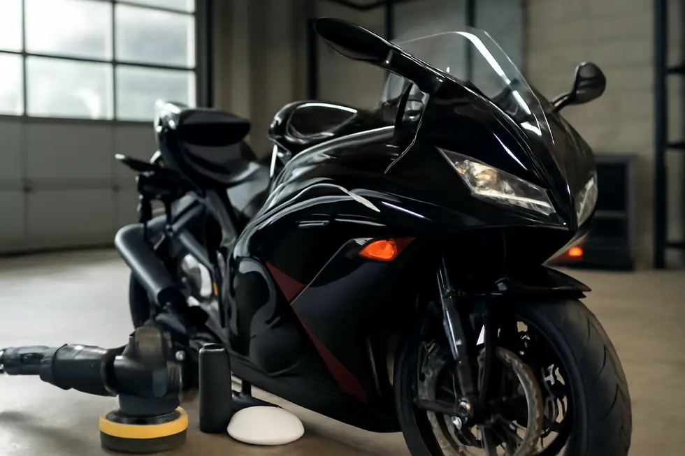 Motorcycle with polished, shiny plastic fairings in a professional workshop, surrounded by polishing equipment.