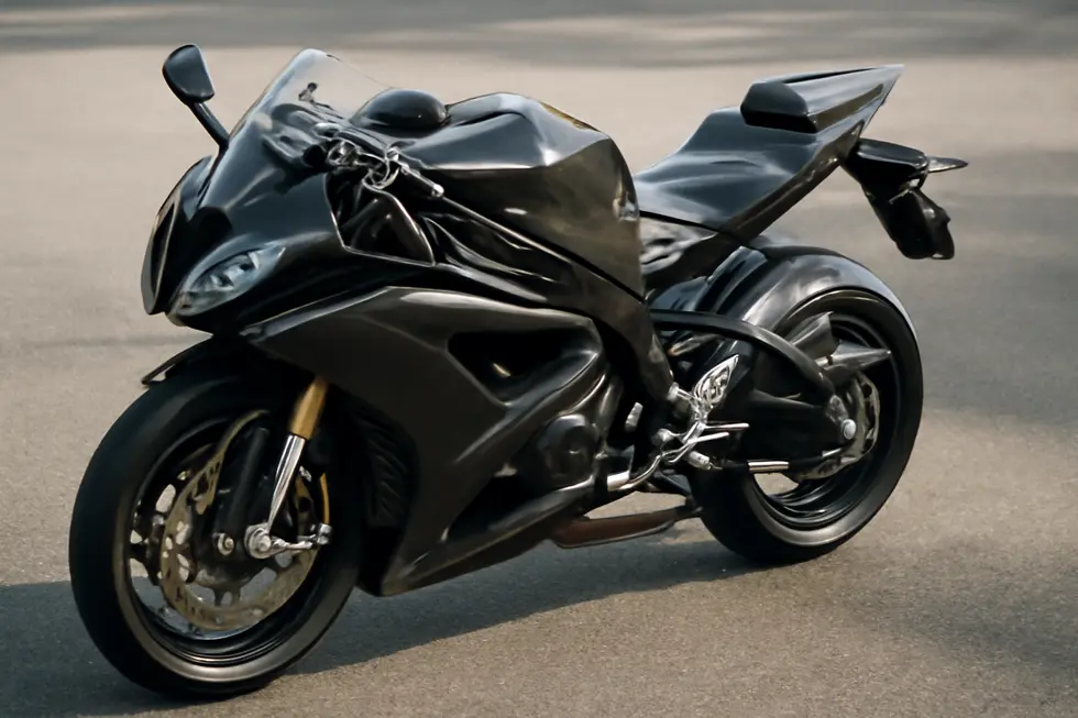Sport motorcycle equipped with glossy carbon fiber fairings displaying detailed weave patterns and aerodynamic design.