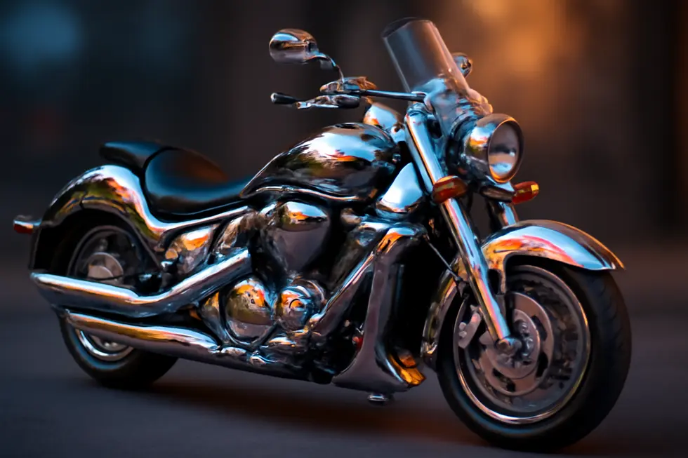 Photo-realistic image of a motorcycle fitted with full chrome fairings reflecting ambient light and colors in a stylish display.