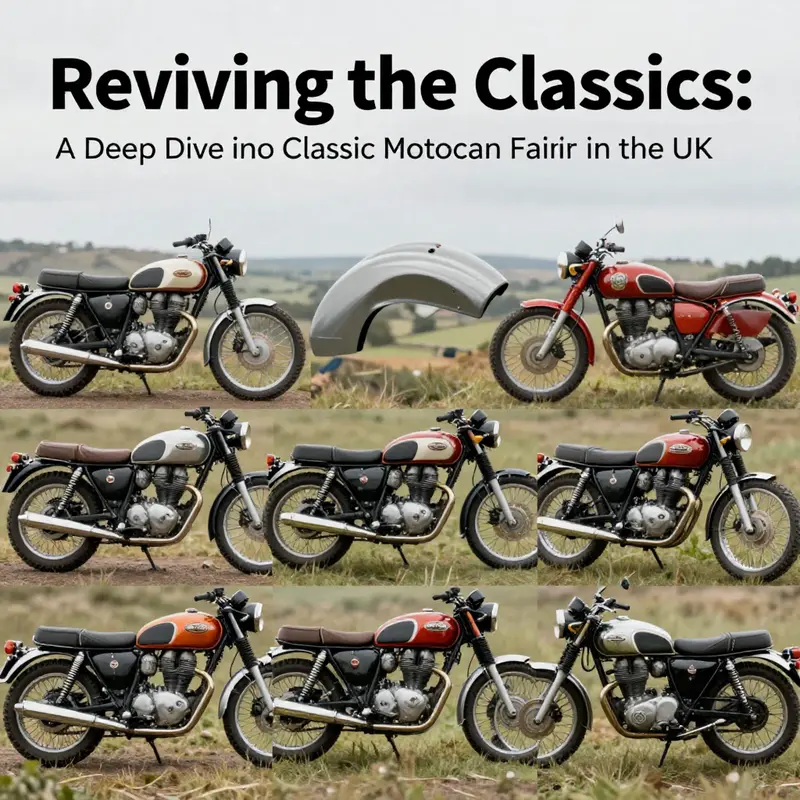 A scenic display of classic motorcycles featuring different fairing styles set against an idyllic UK landscape.