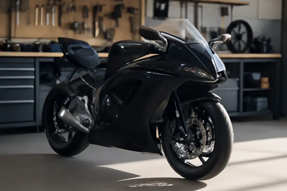 Sport motorcycle with modern aerodynamic fairings in a professional workshop setting.