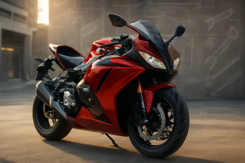 Sport motorcycle with glossy, colorful ABS fairings on urban street, symbolizing aftermarket customization and durability.