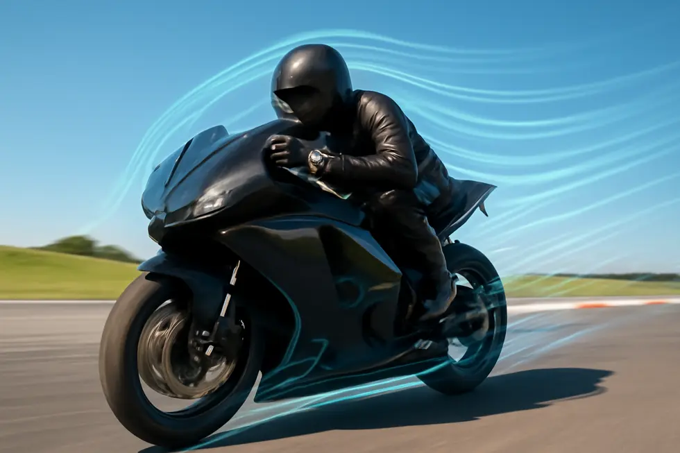 Photo-realistic image of a motorcycle with aerodynamic fairing on racetrack showing airflow and streamlined design.