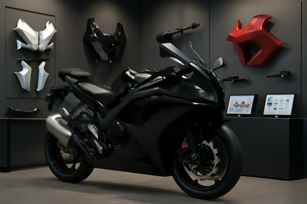 Motorcycle with a full custom fairing kit displayed in showroom lighting with panels and digital design options around it.