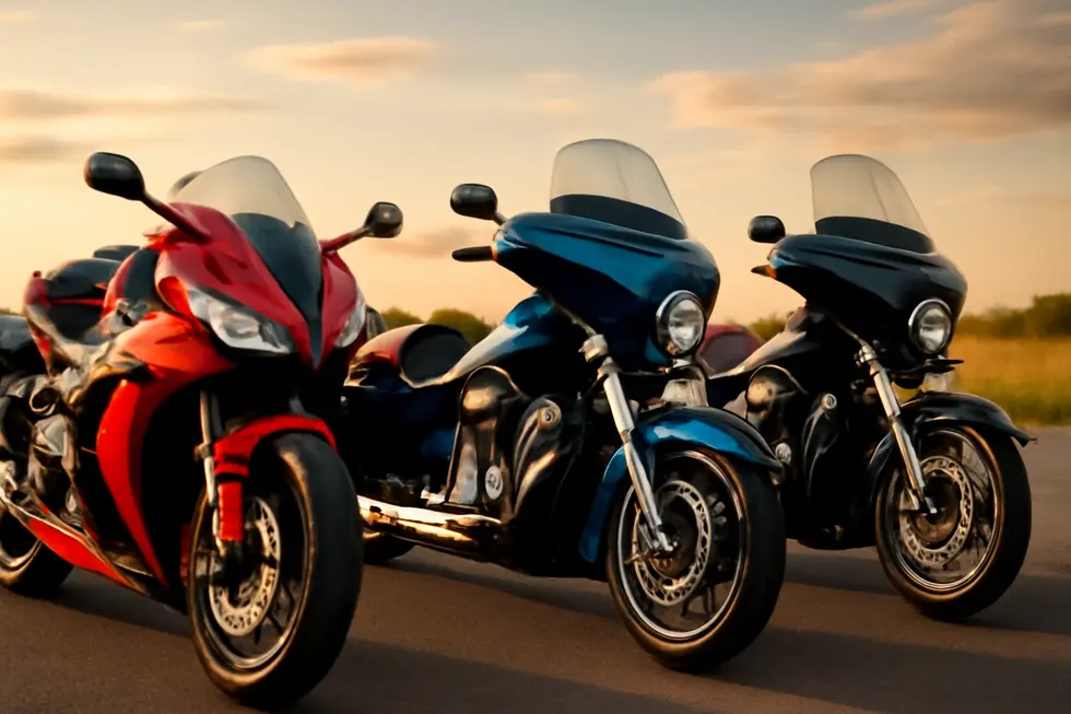 Lineup of sport, cruiser, and touring motorcycles with premium motorcycle fairings under warm sunset light.